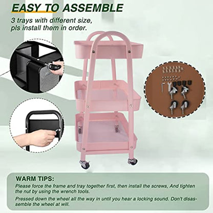 Utility Cart, 3-Tier Rolling Slim Storage Cart with Wheels, Metal, Pink - color: Pink