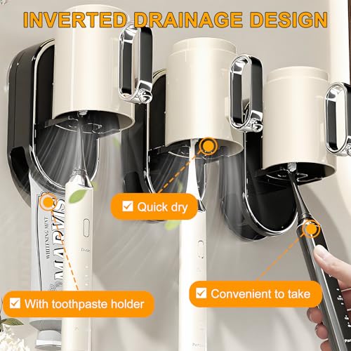 Toothbrush Holder Wall Mounted with Toothpaste Holder & Detachable Cup - Removable Suction Cup in Bathroom Sink, Shower - Space Saving, Ventilation Design for Family, Renters - color: Black-1 Cup