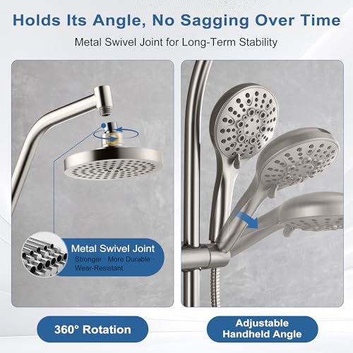 BRIGHT SHOWERS Rain Shower Head with Handheld Combo, Dual Shower System with Slide Bar, Rain Shower System, Adjustable Height, Brass Slide Bar & Diverter, 60 Inch Stainless Steel Hose, Brushed Nickel - color: Brushed Nickel