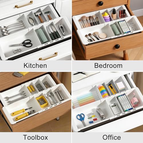 2 Pack Expandable Deep Drawer Organizer with Dividers, Sliding Drawer Tray | Adjustable Plastic Drawer Organizer with Removable Dividers for Kitchen, Bathroom, Bedroom & Desk Utensil Sorting, White
