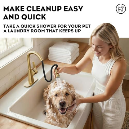 Brushed Gold Tall Bathroom Sink Faucet with Pull Down Sprayer, High Arc Single Handle Pull Out Faucet with Pop-Up Drain, 1 or 3 Hole Laundry Bar Basin Faucet with Deck Plate,WE10CL-ZY-BG - color: Brushed Gold