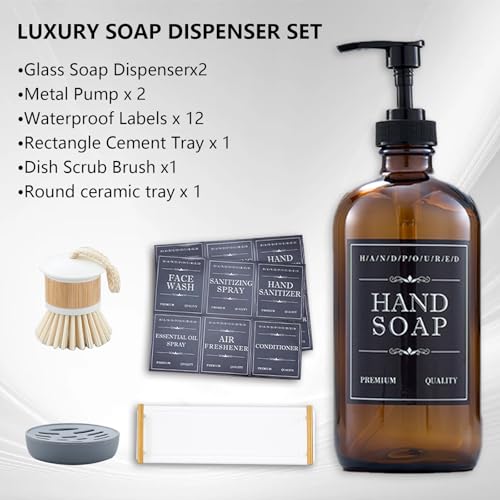 Soap Dispenser Set – 16oz Refillable Amber Glass Bottles with Brush Holder, Dish Scrub, Diatomite Tray, 12 Waterproof Labels – Brown Non-Slip Base for Home Upgrade, Rustic Farmhouse Style (Set of 6)