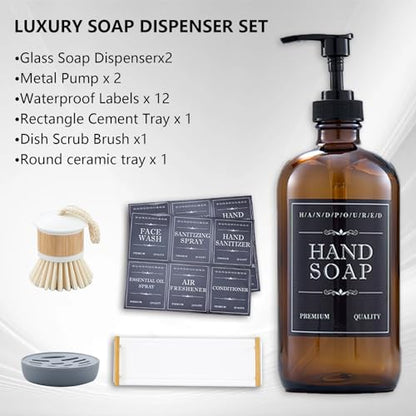 Soap Dispenser Set – 16oz Refillable Amber Glass Bottles with Brush Holder, Dish Scrub, Diatomite Tray, 12 Waterproof Labels – Brown Non-Slip Base for Home Upgrade, Rustic Farmhouse Style (Set of 6)