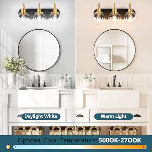 Dpyrrhic Modern 3-Light Vanity Light, Bathroom Lighting Fixture Over Mirror With Clear Glass Shade and Metal Base, Wall Sconces in Matte Black and Gold - color: Black & Gold, size: 3-Light