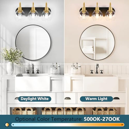 Dpyrrhic Modern 3-Light Vanity Light, Bathroom Lighting Fixture Over Mirror With Clear Glass Shade and Metal Base, Wall Sconces in Matte Black and Gold - color: Black & Gold, size: 3-Light