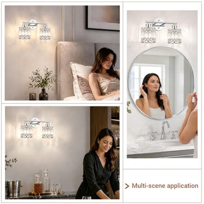 Lxybcce 2-Light Bathroom Vanity Light, 14 in Modern Crystal Bathroom Lighting Fixtures Over Mirror, E26 Hardwired Bathroom Wall Sconce, Chrome - color: Chrome, size: 14in