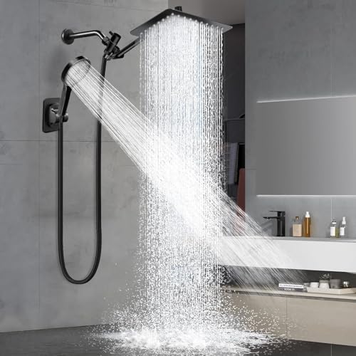 Shower Head,12”Rain Shower Head with Handheld Spray Combo with 11'' Angle Adjustable Extension Arm/Flow Regulator/Shower System,High Pressure Rainfall Shower Head Clean Bathroom,Matt Black - color: Black, size: 12 Inch