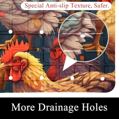 Bath Tub Mat Non Slip 15.1 x 26.8 Inch, Seamless Chickens and Roosters Pattern Eco Friendly Bathmat with Suction Cups Drain Holes Shower Tub Mats - color: Multi 09