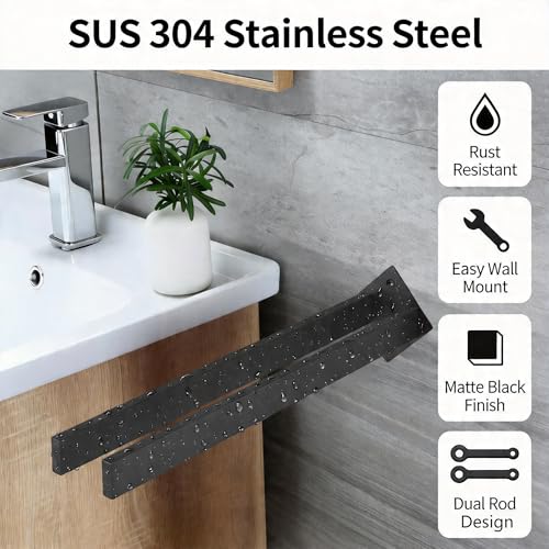 Double Rod Towel Bar 16 Inch, SUS304 Stainless Steel Wall Mounted Towel Holder, Bathroom Kitchen Double Layer Towel Rail, Modern Design Square Wall Towel Rack for Bathroom, Kitchen Black - color: Black