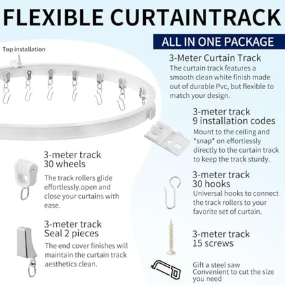 Flexible bendable ceiling curtain track, curved rod with silent roller bracket, room divider, RV ceiling track (White, 3 Meters (9.84 FT) - color: White, size: 3 Meters