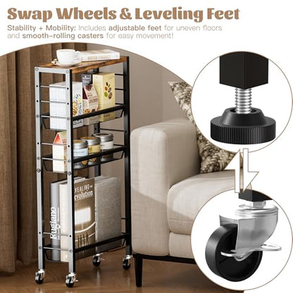 Narrow Storage Cart with Wheels,4-Tier Narrow Kitchen Carts Slim Rolling Cart,Skinny Storage Cart for Small Spaces,Rolling Utility Cart for Livingroom,Diningroom,Office,Laundry Room,Bathroom