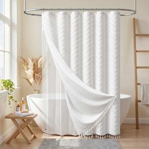 Stall Shower Curtain and Liner Set - 48 x 64 inch Boho Shower Curtain and Waterproof Clear Liner, Tufted Geometric Striped Textured Tassel Shower Curtains for Bathroom, 8 Hooks, 48x64, White - color: White, size: 48"W x 64"L (Pack of 1)