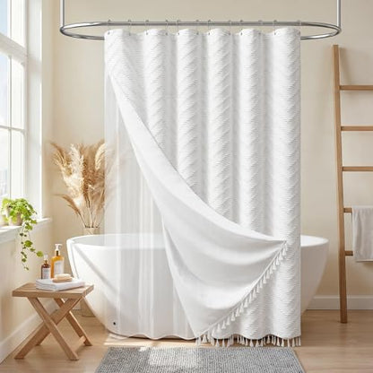Stall Shower Curtain and Liner Set - 48 x 64 inch Boho Shower Curtain and Waterproof Clear Liner, Tufted Geometric Striped Textured Tassel Shower Curtains for Bathroom, 8 Hooks, 48x64, White - color: White, size: 48"W x 64"L (Pack of 1)