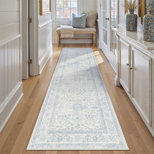 3x10 Light Blue Vintage Floral Washable Runner Rug for Hallway | Low Pile, Non Slip, Retro Style, Soft Distressed Long Hallway Runner for Kitchen, Entryway, Laundry, Bedroom, Home Decor - color: Retro | Light Blue, size: 3' x 10' (Runner)