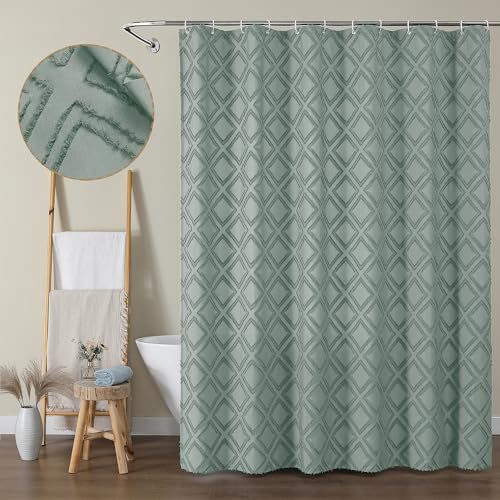 Sage Green Shower Curtain Set, Jacquard Geometric Textured Fabric Boho Shower Curtains for Bathroom, Soft Hotel Style Farmhouse Shower Curtain Grommet Top 12 Hooks, Machine Washable, 72x72 - color: Sage Green, size: 72"W x 72"L (Pack of 1)