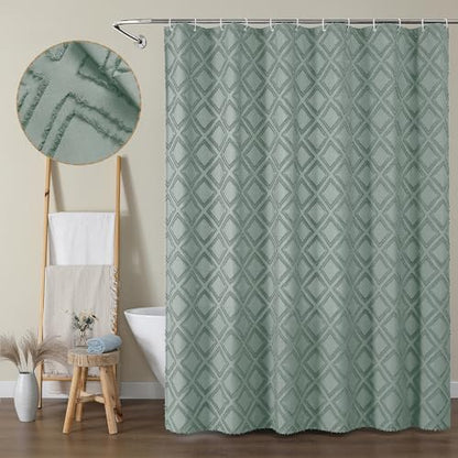 Sage Green Shower Curtain Set, Jacquard Geometric Textured Fabric Boho Shower Curtains for Bathroom, Soft Hotel Style Farmhouse Shower Curtain Grommet Top 12 Hooks, Machine Washable, 72x72 - color: Sage Green, size: 72"W x 72"L (Pack of 1)