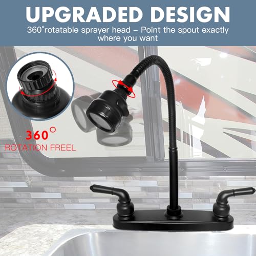 RV Kitchen Faucet,Camper RV Kitchen Sink Faucet Replacement,8 inch 2 Hole | RV Sink Faucet w/ 2 Handles Flexible Spout 360 Swivel Rotatable Tri-Function Sprayer for Motorhome,Trailer,Non-Metallic,Black - color: Black