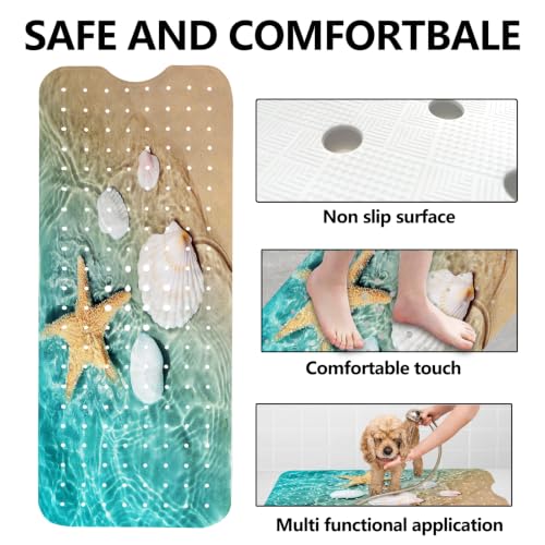 LNOND Summer Beach Bathtub Mat Non Slip, 40 X 16 Inch Tub Mat for Bathroom, Starfish Seashell Bath Tub Shower Mat with Drain Holes and Suction Cups - color: Beach Starfish Seashell