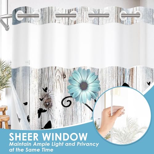 No Hook Shower Curtain with Snap in Liner 71x74 Inch Flower Teal | Rustic Daisy Farmhouse Modern Double Layers Waterproof Fabric with See Through Top Window Open Grommet Bath Curtain - color: Teal Floral, size: 71"W x 74"L (Pack of 1)