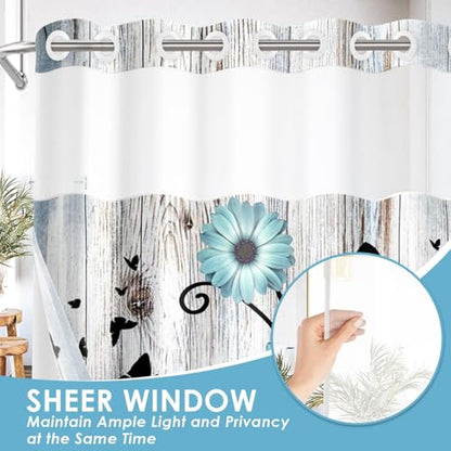 No Hook Shower Curtain with Snap in Liner 71x74 Inch Flower Teal | Rustic Daisy Farmhouse Modern Double Layers Waterproof Fabric with See Through Top Window Open Grommet Bath Curtain - color: Teal Floral, size: 71"W x 74"L (Pack of 1)