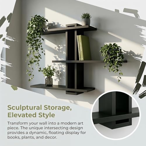 Black Floating Shelves for Bathroom, 3 Tier Pine Wood Wall Mounted Shelf, 20 Inch Large Wall Mounted Shelf for Towels, Toiletries, Plants, Photos, Home Decor