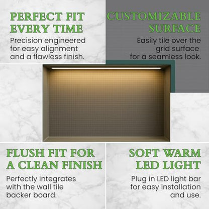 Shower Niche Insert Tile Ready with LED Light, 14x22 Inches – Recessed Wall Niche Insert for Shower Walls – Prefab Bathroom Shelf with Light Bar – Easy Tile Installation, Soft Warm Hue, Rectangle - size: 14x22