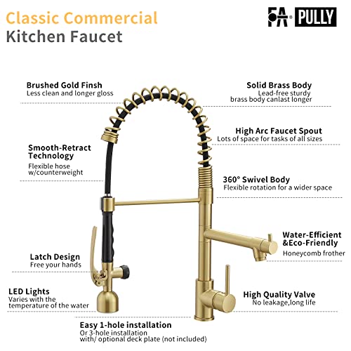 Fapully High Arc Brushed Gold Pull-Down Kitchen Faucet with LED Sprayer | Kitchen Sink Faucets with Pull Down Sprayer,Dual Spray Modes, Commercial Grade,Single Handle Single Hole Design - color: Brushed Gold, style: Modern