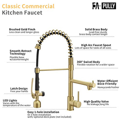 Fapully High Arc Brushed Gold Pull-Down Kitchen Faucet with LED Sprayer | Kitchen Sink Faucets with Pull Down Sprayer,Dual Spray Modes, Commercial Grade,Single Handle Single Hole Design - color: Brushed Gold, style: Modern