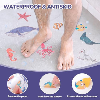PRATIQUE Non Slip Bathtub Stickers, 6 Pages Sea Organism Ocean Fish Adhesive Kids Anti Slip Decal Threads for Shower Floor and Bath Tub Decals with Premium Scraper - color: Ocean Fish