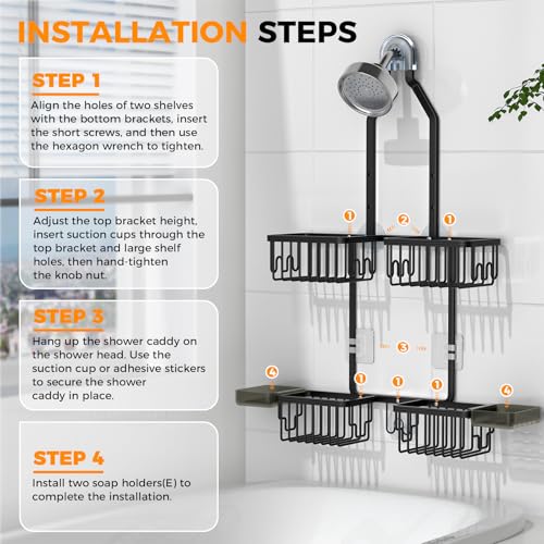 Adjustable Aluminum Shower Caddy Hanging for Handheld Showerhead, Black | Rustproof Aluminum, Shower Organizer, Anti-Slip, Quick-Drain Shelf, 40lbs Capacity, Suction Cups, 8 Hooks, Razor Soap Holders - color: Black