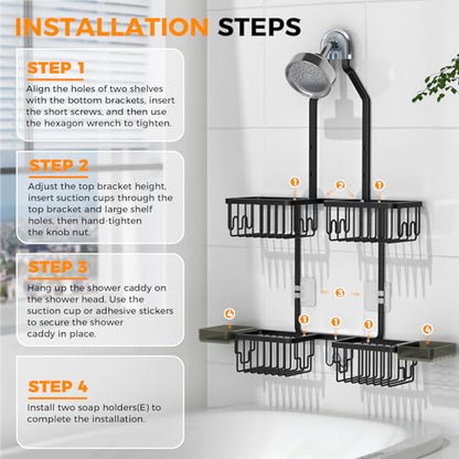 Adjustable Aluminum Shower Caddy Hanging for Handheld Showerhead, Black | Rustproof Aluminum, Shower Organizer, Anti-Slip, Quick-Drain Shelf, 40lbs Capacity, Suction Cups, 8 Hooks, Razor Soap Holders - color: Black
