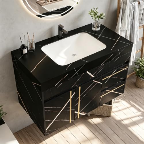 35.2 Inch Floating Bathroom Vanity with Ceramic Sink Combo, Modern Wall Mounted Bathroom Cabinet with 2 Soft-Close Doors & 2 Drawers, Faux Marble Top, Black - color: Black