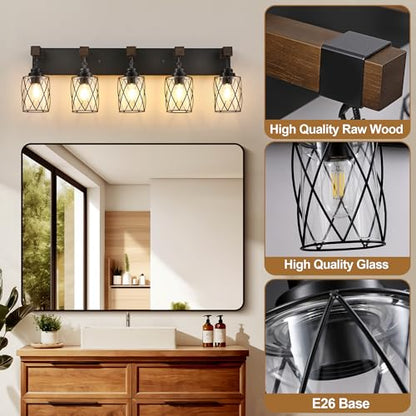 Bathroom Light Fixtures,Farmhouse Black Metal with Glass Shade | 5 Light Rustic Vanity Lights, Wood Accent Wire Cage Design, Mounts Over Mirror, Ideal for Bedroom & Hallway,Easy to Install - size: 5-Light