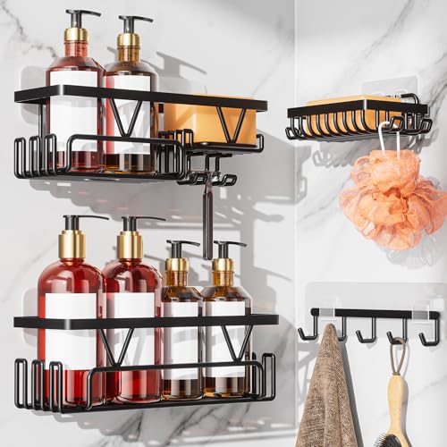 KEGII Adhesive Shower Caddy 4 Pack, No Drilling Shower Organizer with Towel Rack, Hooks & Soap Holder, Self-Adhesive Bathroom Shelves Rack for Space-Saving Storage | 4-Pack Design, Stainless Steel Shelves with Hooks and Soap Holder, Ideal for Bathroom, Ki