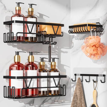 KEGII Adhesive Shower Caddy 4 Pack, No Drilling Shower Organizer with Towel Rack, Hooks & Soap Holder, Self-Adhesive Bathroom Shelves Rack for Space-Saving Storage | 4-Pack Design, Stainless Steel Shelves with Hooks and Soap Holder, Ideal for Bathroom, Ki