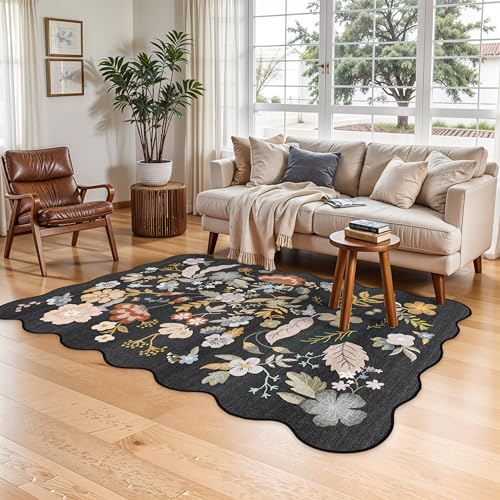 4x6 Washable Rug for Living Room: Non-Slip Scalloped Floral Area Rug Black | Soft Low-Pile Indoor Door Mat for Bedroom Kitchen Entryway - Boho Carpet Stain Resistant Throw Rug for Home Decor - color: Black, size: 4' x 6' (Rectangular)