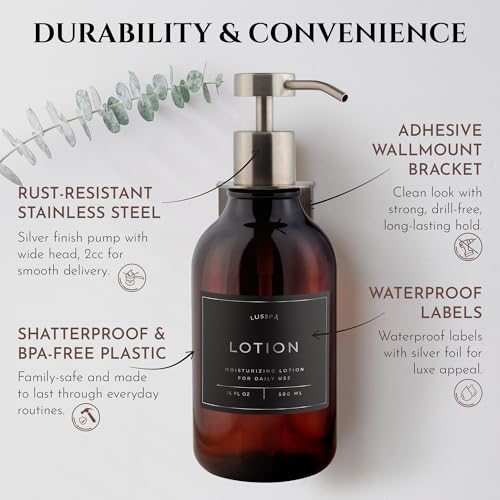 Shower Shampoo Dispenser Wall Mounted – Refillable 16.9 oz Amber Bottle with Stainless Steel Pump & No-Drill Adhesive Holder – Soap Dispenser for Bathroom (1 X Amber/Silver) - color: 1 X Amber/Silver