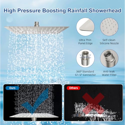 Metal 12" Rain Showerhead with 10-Spray Handheld, Easy Reach 4-way Diverter | Brushed Nickel Finish, Upgraded High Pressure Shower Head with Pause Mode, 71" Stainless Steel Hose/12" Extension Arm - color: Brushed Nickel, style: Square 12"