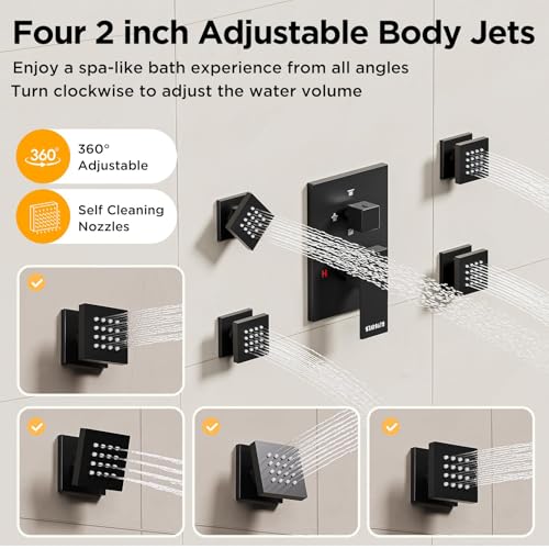Shower System with Body Jets Matte Black, STARBATH 4 Way 12+6" Shower Faucet Sets Complete with 2 in 1 Handheld,Ceiling Mounted Rainfall Dual Shower Head with 4 Body Spray Jets, Shower Jets System - color: Matte Black, size: 6"+12"-03