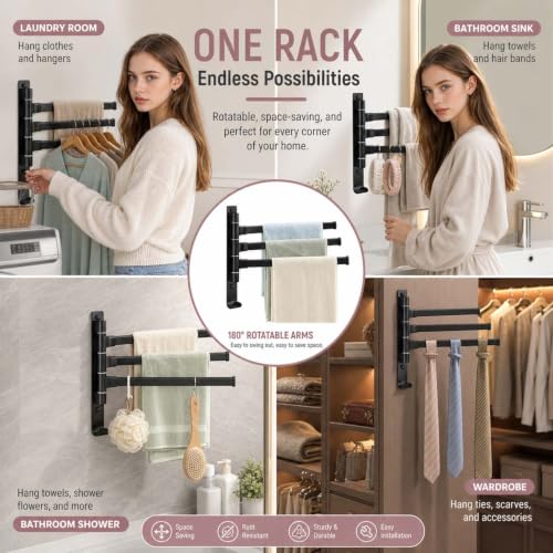 2-5 Arms Swivel Towel Rack Bath Towel Holder with Hook Swing Arm Towel Rack Wall Mount for Bathroom Kitchen-Black 3Arm - color: Black, size: 3-arm