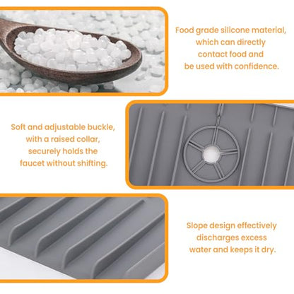 Silicone Faucet Sink Mat – Non-Slip Reusable Dish Drying Sink Tray Mat Splash Guard for Kitchen Bathroom Fits RV, Countertop (Dark Gray, 13.38"×5.51"×0.59") - color: Dark Gray