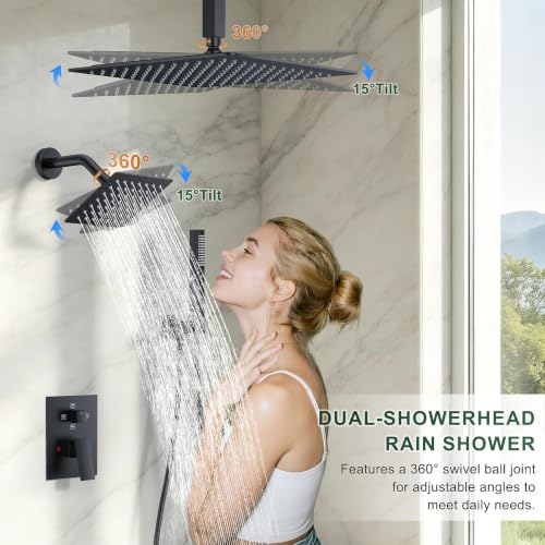 Rain Shower System with Rough-in Valve, Ceiling Mount Shower Faucet Set with 12" & 6" Dual Rain Shower Heads, 2-in-1 Handheld Shower, Tub Spout, 4-Function Complete Shower Fixture, Matte Black - color: Matte Black, size: Ceiling Mount-12"+6" head with Tub