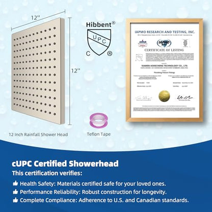 Hibbent cUPC Certified High Pressure 12'' Rain Shower Head, Brushed Nickel | Thickness Metal Showerhead, Square Large Bathroom Rainfall Shower Head, Adjustable Brass Ball, Waterfall Full Body Coverage - color: Brushed Nickel, style: Square 12''