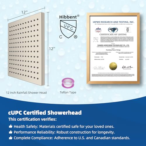 Hibbent cUPC Certified High Pressure 12'' Rain Shower Head, Brushed Nickel | Thickness Metal Showerhead, Square Large Bathroom Rainfall Shower Head, Adjustable Brass Ball, Waterfall Full Body Coverage - color: Brushed Nickel, style: Square 12''