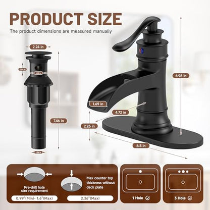 Waterfall Bathroom Sink Faucet Black Bathroom Faucet 1 Hole | Single Handle,with Pop Up Drain Stopper Vanity Water Supply Hose,Lead-Free Solid Brass,Farmhouse Faucet Deck Mount - color: Black