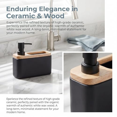 RQYIXI 2-in-1 Ceramic Soap Dispenser with Sponge Holder, Black, 17 Oz | natural acacia wood accent rectangular modern kitchen sink organizer caddy pump countertop farmhouse - color: White Wax Wood Square