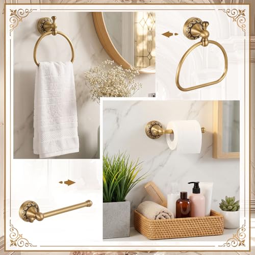2 Pcs Antique Brass Toilet Paper Holder Towel Ring Set, Vintage Bathroom Hardware, Wall Mounted Toilet Tissue Holder Hand Towel Ring, Rustproof Brass Bathroom Accessories(Semi-Circular) - style: Semi-circular