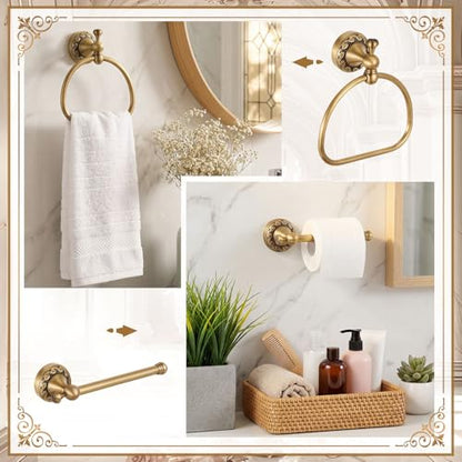2 Pcs Antique Brass Toilet Paper Holder Towel Ring Set, Vintage Bathroom Hardware, Wall Mounted Toilet Tissue Holder Hand Towel Ring, Rustproof Brass Bathroom Accessories(Semi-Circular) - style: Semi-circular
