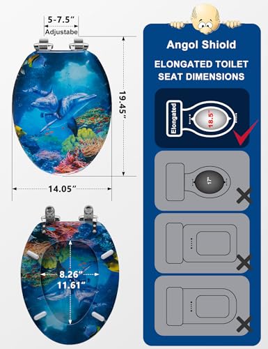 Angol Shiold ELONGATED Soft Close Wood Toilet Seat Blue Ocean Dolphins18.5" | Heavy Duty Quiet and Slow Close Lid and Seat, Quick Release Easy Installation & Clean(Blue Ocean Dolphins) - size: Elongated -18.5"