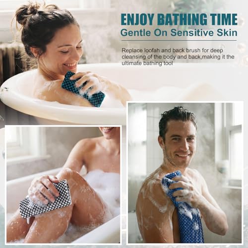 Chumia 3 Pcs Dual-Textured Exfoliating Washcloth Towel 35.4'' Body Back Scrubber with Handle Japanese Exfoliating Shower Towel Exfoliator Exfoliate Loofah Luffa Sponge for Women Men Bath, Colorful - color: Charcoal Green, Blue, Black
